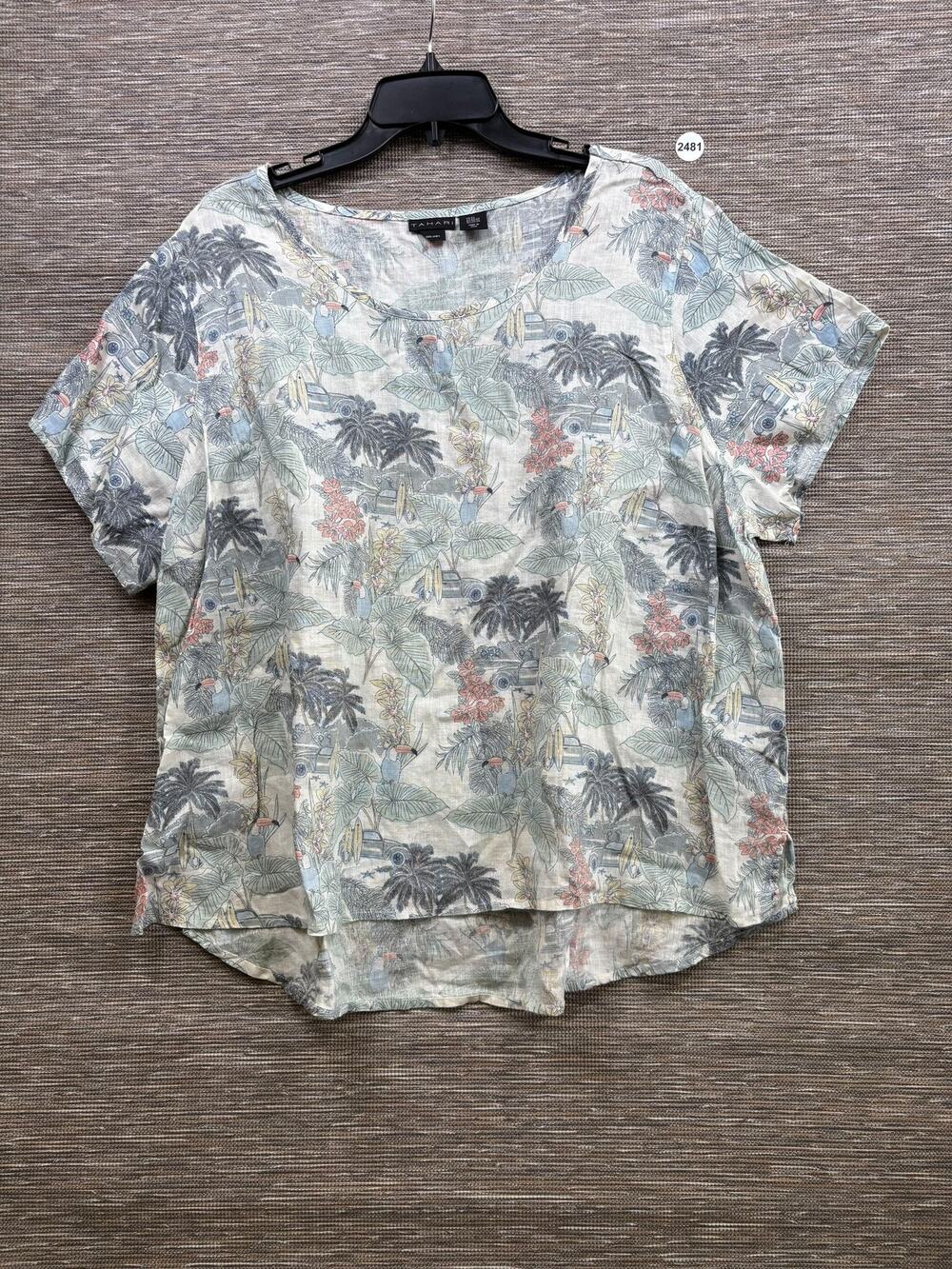 Tahari Linen Blouse Womens 2X Multicolor Tropical Print Short Sleeve Tunic Top